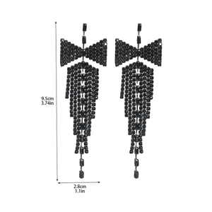 Detail showing dimensions of black crystal butterfly long tassel earrings 9.5cm length