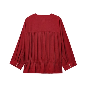 Red linen-blend safari jacket for women with pleated back waist and metallic buttons