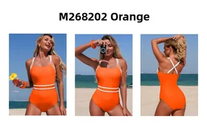 Three-way view of an orange one-piece swimsuit with white stripes and cross straps