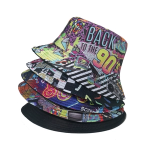 Stacked vintage bucket hats featuring retro 90s prints and 80s disco graffiti patterns
