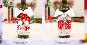 Detail of knitted Christmas wine bottle covers with reindeer and snowflake patterns