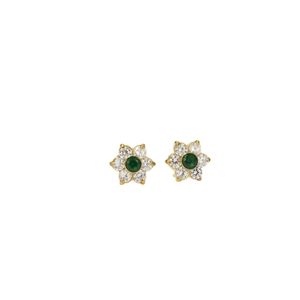 Elegant gold flower stud earrings with emerald green center and sparkling white stones