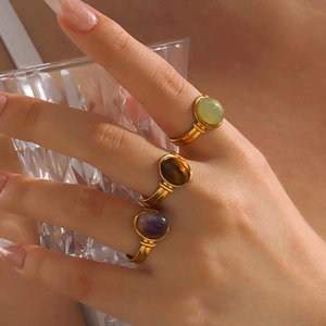 Anello Aperto Regolabile In Acciaio Inossidabile Placcato Oro Pietra Naturale Ovale Per Donna Stile Francese Retrò Occhio Di Tigre