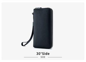 Side view of black pebble leather long wallet featuring a metal zipper and wrist strap
