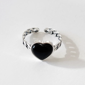 925 Sterling Silver Ring Heart Shape Black Agate Vintage Curb Chain Open Adjustable Band For Women