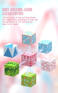 Close-up view of six-sided magnetic building blocks with various colorful patterns.