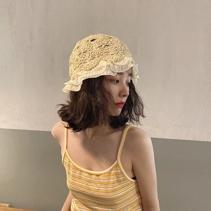 Japanese style beige straw bucket hat with elegant chiffon lace ruffle brim for women