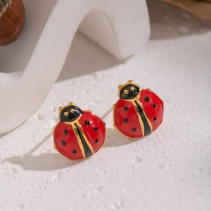 Boucles d'oreilles coccinelle rouge en acier inoxydable avec points noirs et bord doré