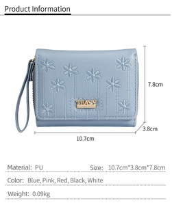 Detailed size and specification chart for light blue PU leather short wallet with daisy