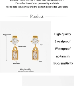 Detailed size specifications for gold zircon square earrings with waterproof features