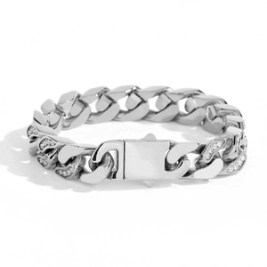 Detailed view of silver CNC Cuban chain bracelet with cubic zirconia and folding clasp
