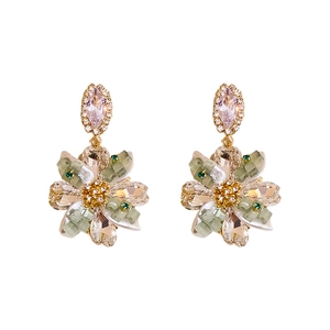 Elegant woven flower drop earrings with pink and green crystals on gold settings