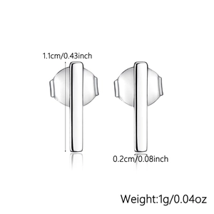 Macro detail of S925 sterling silver bar studs with precise measurements and weight data