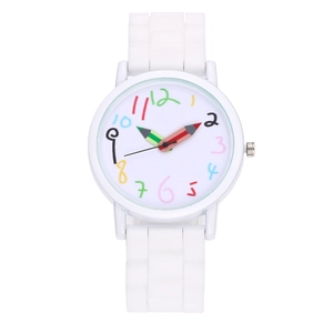 Detail of kids watch dial featuring pencil-shaped hands and colorful numeric scales
