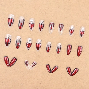 Red glitter flame heart press-on nails with punk style design for women