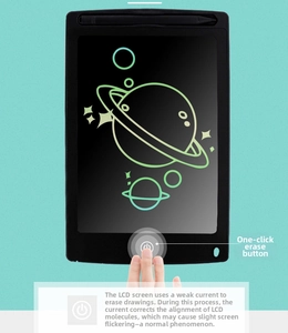 Detail of LCD writing tablet showing the one-click clear button and space theme drawing