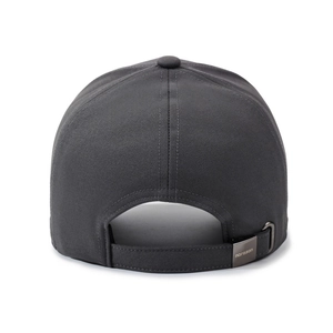 Rear view of dark grey cotton baseball cap with adjustable metal buckle and strap