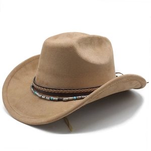 Chapeau de cowboy en daim kaki style ethnique avec perles turquoise et ruban tressé