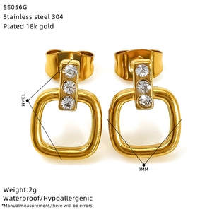 Detailed view of gold square stud earrings with zircons and product specifications