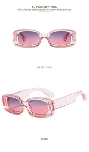 Detailed front and side views of pink rectangle sunglasses with grey gradient lenses
