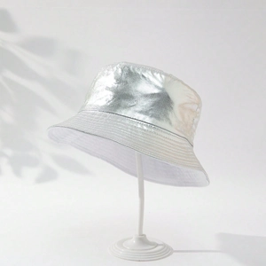 Chic silver metallic PU leather bucket hat with holographic finish and retro vibe