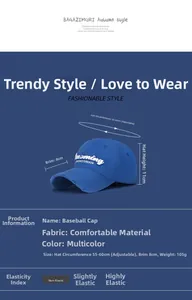 Blue golf baseball cap with detailed size specifications, dimensions and adjustable strap