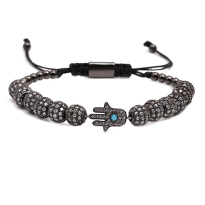 Bracelet ajustable avec pendentif Main de Fatima et boule en oxydes de zirconium pavée