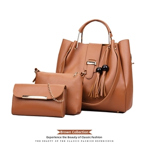 Three-piece brown tote bag set with pebble faux leather and black beaded tassel detail