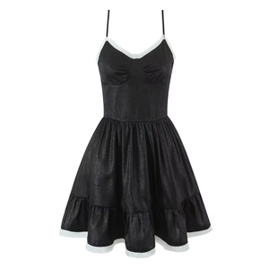 Robe Mini Camisole Sexy Col V Sans Manches Femmes Noir Blanc Bordure Volants Taille Haute Polyester Texturé Style Lolita