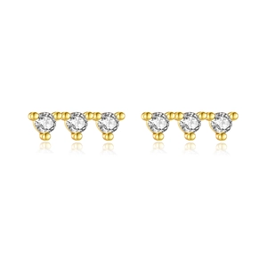 Minimalist S925 sterling silver gold earrings with three round zircon stones on white background