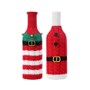 Christmas striped knitted wine bottle covers with Santa belt and bell decorations set of 2