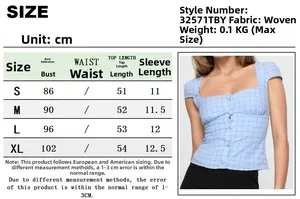 Detailed size chart for plaid short sleeve blouse featuring bust and length in cm