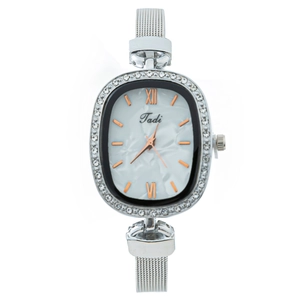 Elegant Fashion Oval Women Quartz Watch With Rhinestone Bezel Milanese Mesh Alloy Band Marble Texture Dial Ladies Wristwatch