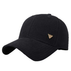 Men's black casual baseball cap with breathable texture and gold spirit metal logo