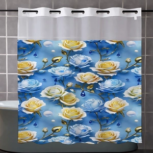 Détail du rideau de douche gaufré avec roses bleues et motifs de feuilles dorées