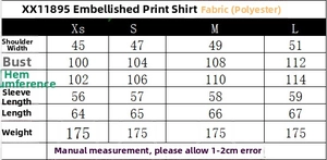 Detailed size chart for printed blouse with shoulder and chest measurement specs