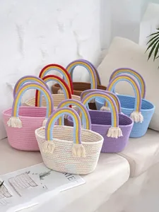 Handmade Woven Cotton Rope Handbag With Rainbow Handle And Tassels Bohemian Vacation Tote For Women Girls