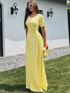 Slim fit bright yellow maxi dress with short sleeves and U-neck for women summer wear