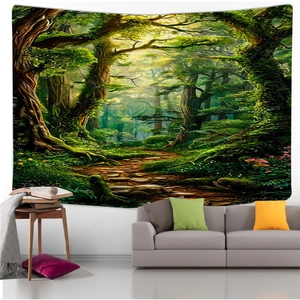 Detail of forest landscape tapestry showing a lush path and trees in a modern living room