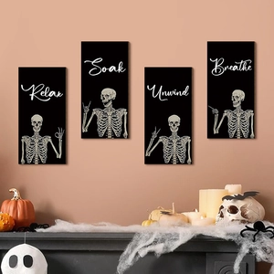 Halloween skeleton wall decor set featuring Relax Soak Unwind Breathe wooden signs