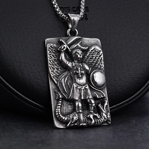 Nordic Archangel Michael pendant necklace in retro silver stainless steel finish