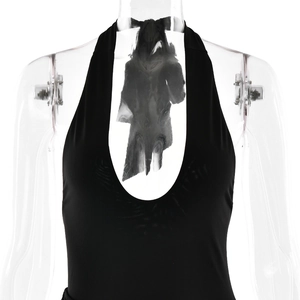 Detail of black halter neck deep V bodysuit with grey scarf on a mannequin