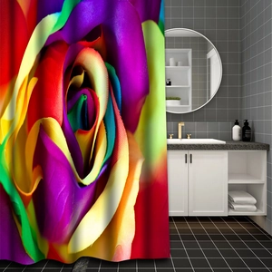 Detail of multi-color rainbow rose print on waterproof polyester shower curtain