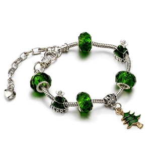 Christmas Theme Charm Bracelet Alloy Copper Snake Chain Faceted Glass Beads Enamel Pendants Holiday Jewelry