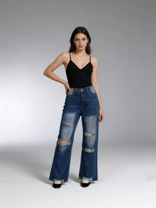 Women high waisted wide leg distressed denim jeans in dark blue with ripped details