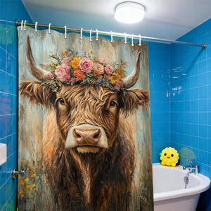 Waterproof 3D Christmas bath curtain featuring highland cow with vibrant floral wreath