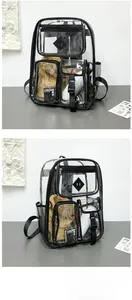 Dettaglio macro dello zaino in PVC trasparente impermeabile con bordi neri e ampie tasche