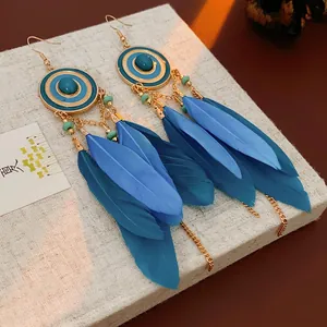 Bohemian ethnic style blue feather drop earrings with turquoise beads and gold finish