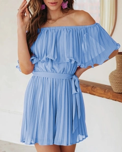 Detailed view of light blue off-shoulder pleated romper with texture and waist tie belt