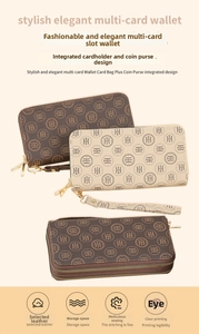 Detail of monogram long wallet with double zipper, multiple card slots and wrist strap